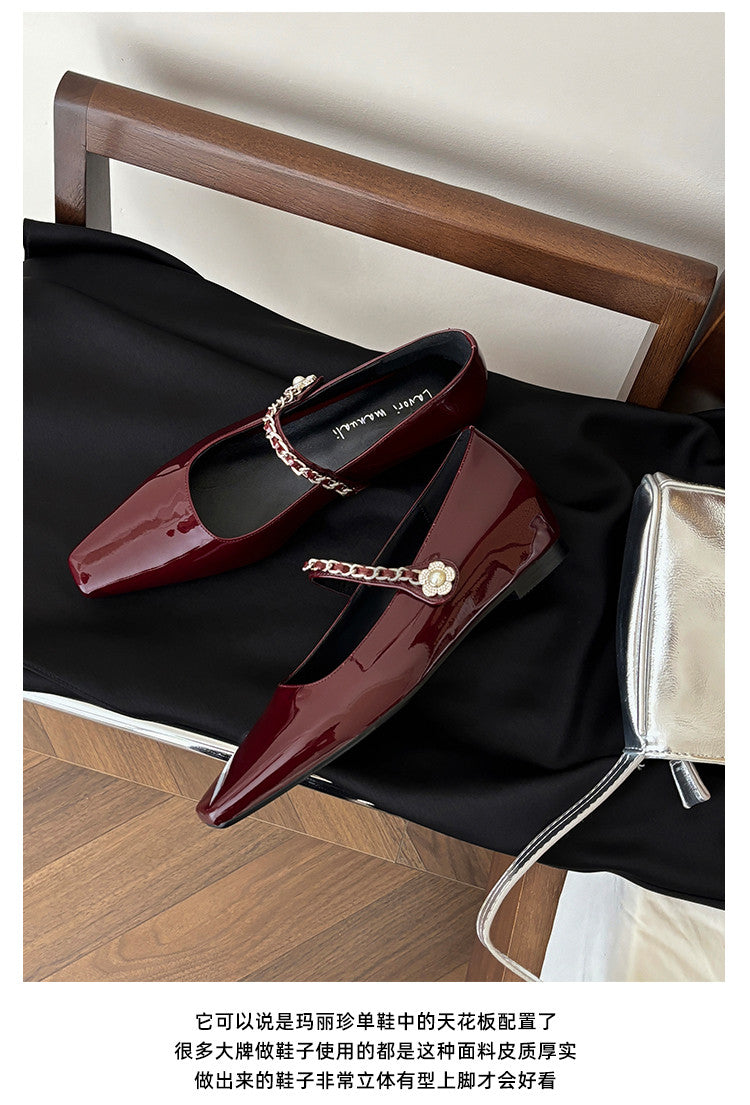 Karin Luna In Stock In Stock ~Metal One-Strap Pearl Small Square Toe Height-Increasing Flats
