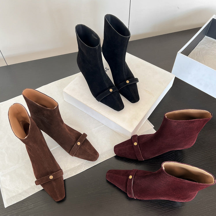 Karin Luna Elegant Style Small Square Toe Belt Buckle Thin Heel Short Boots