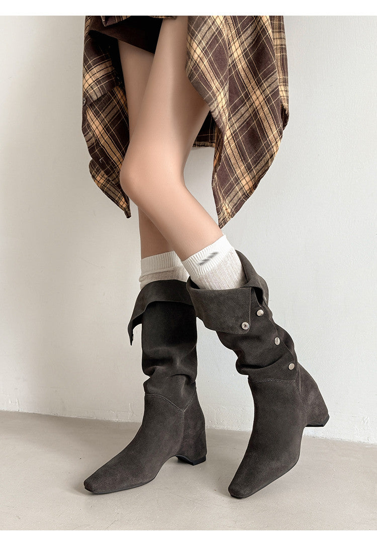 Karin Luna Bestseller Hot-Selling Hidden Buckle Lazy Style Square-Toe Height-Increasing Suede Western Boots