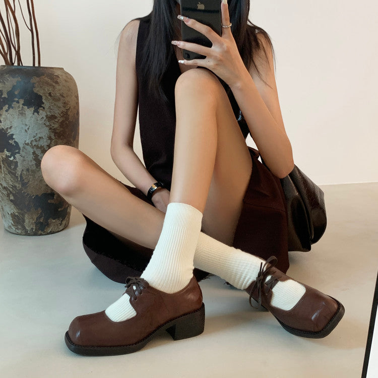Karin Luna In Stock Spot Goods   Full leather inside and out Vegetable Tanned Hand-Grabbed Sheepskin Square-Toed Chunky Heel Single Shoes