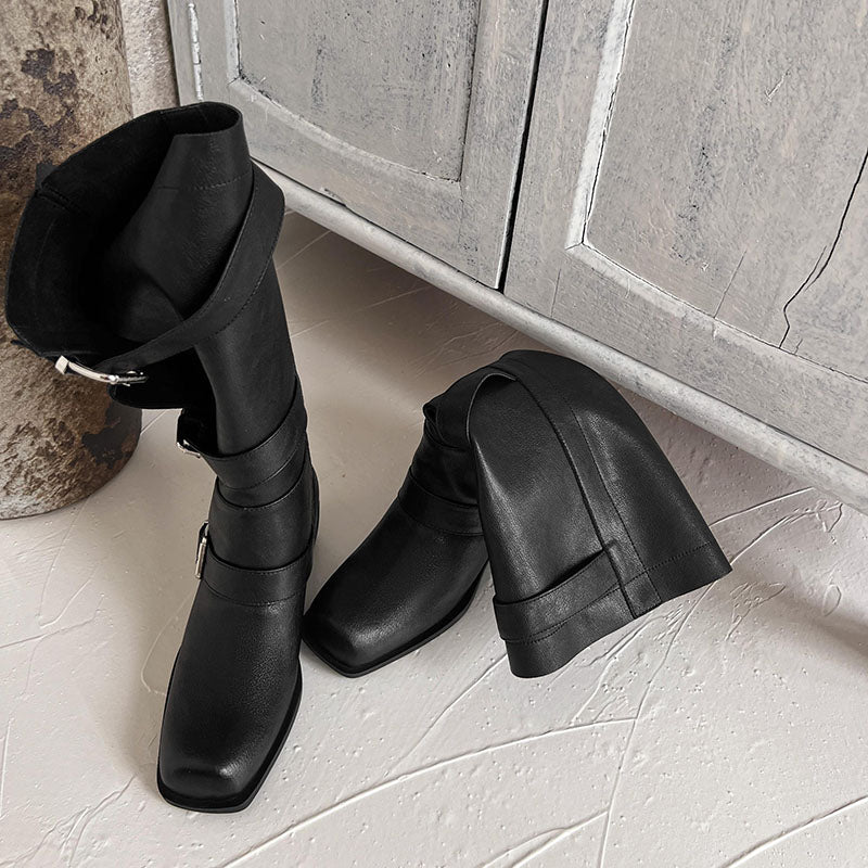 Karin Luna In Stock In Stock European and American Style Square Toe Thick Sole Belt Buckle Long Boots