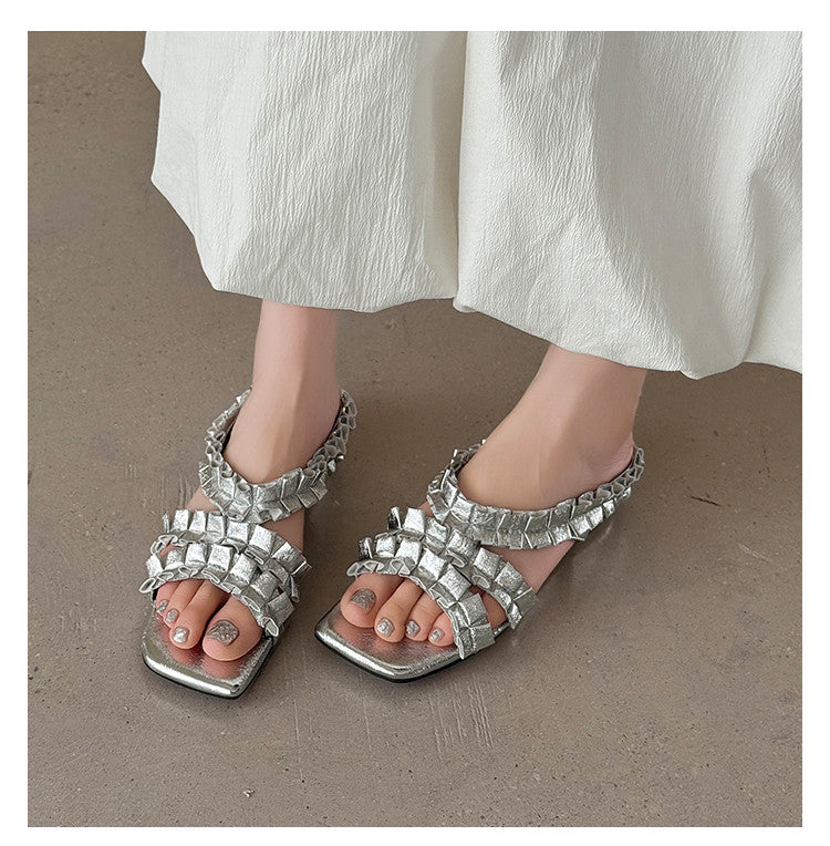 Karin Luna In Stock   Spot Goods  Niche Design Square-Toed Pleated Flat Slippers