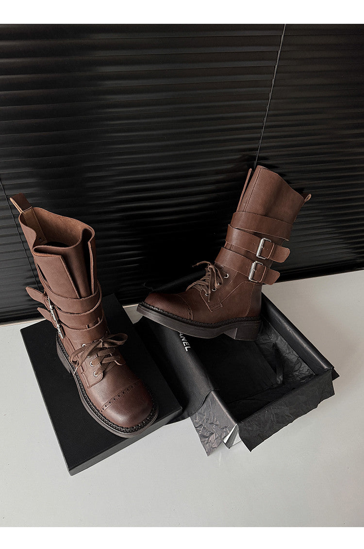 Karin Luna Bestseller Hot-Selling Large Tube Leather Belt Buckle Round Toe Thick-Soled Short Boots