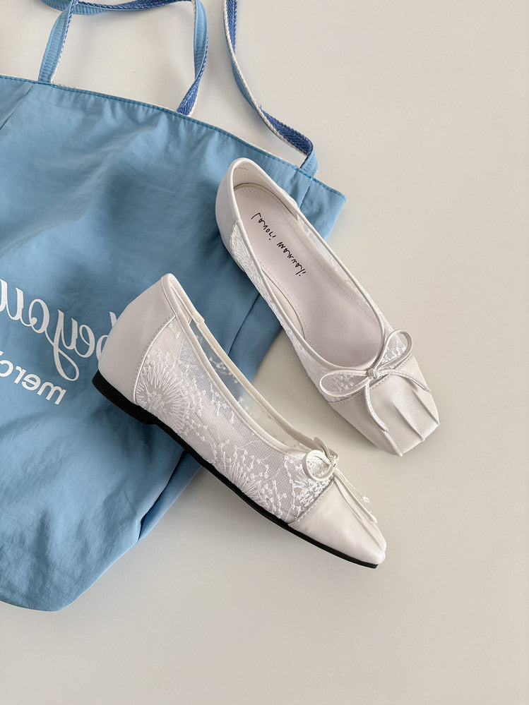 Karin Luna In Stock In Stock  Wrinkled Square Toe Patchwork Breathable Mesh Bow Granny Shoes