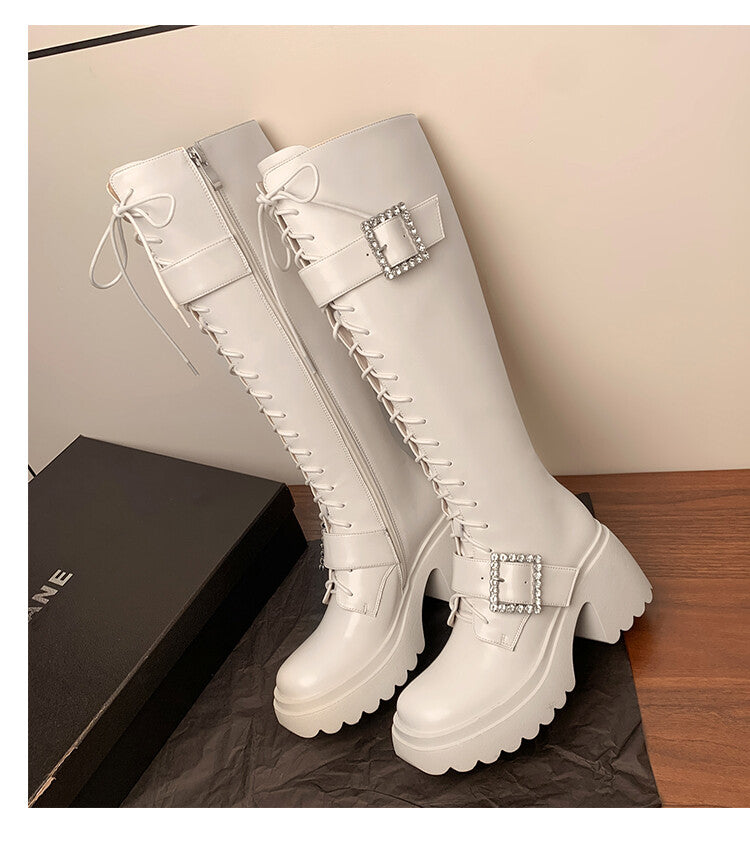 Karin Luna In Stock Spot Goods Bestselling Extended Version Rhinestone Square Buckle Thick Sole Lace-up Thick Sole Full Cowhide Knight Boots