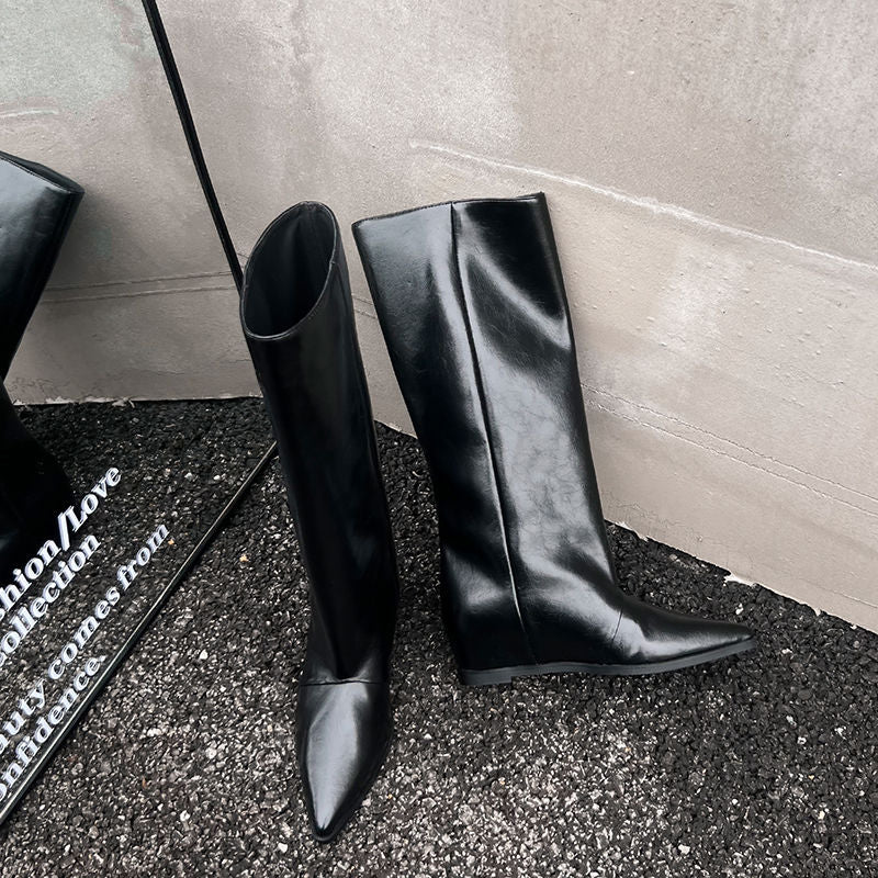 Karin Luna Elegant Style Pointed Toe Internal Height Increase Slip-On Long Boots