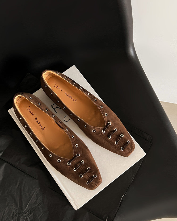 Karin Luna In Stock Spot Goods    Old Money Style Square Toe Suede Flats