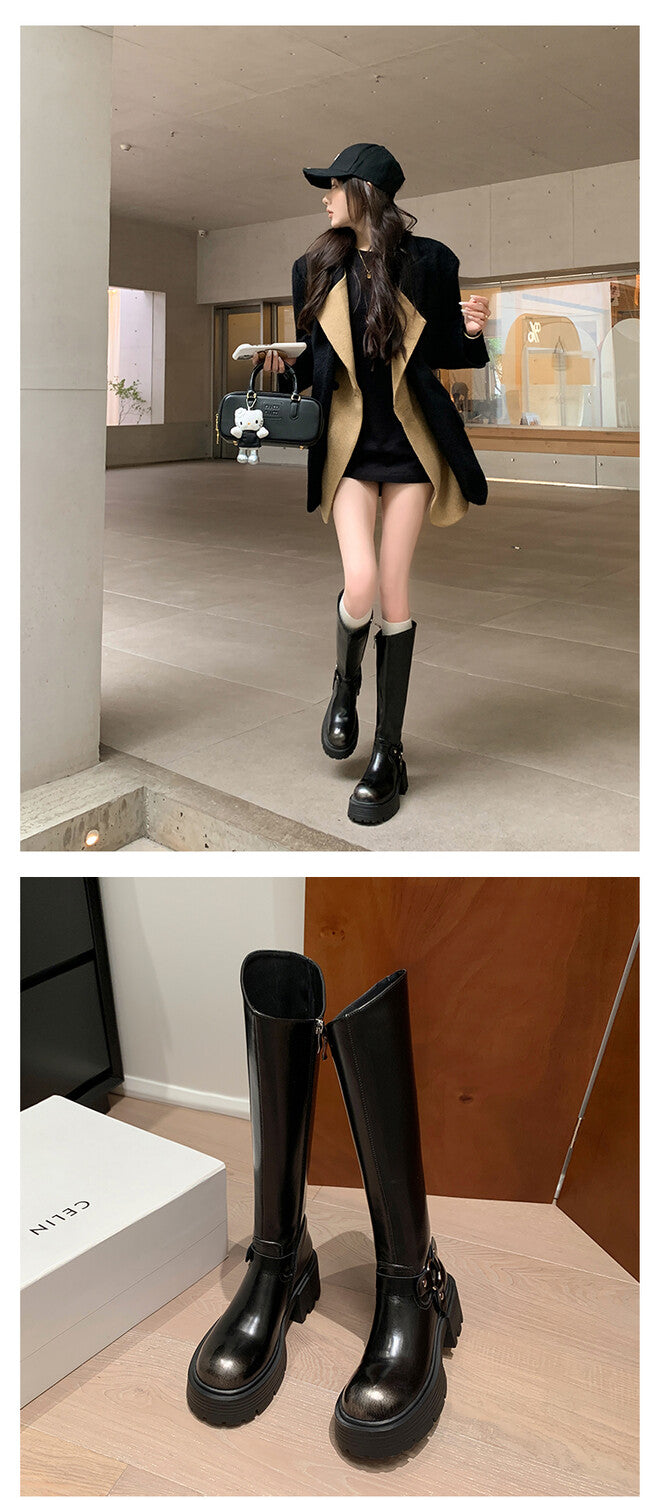 Karin Luna In Stock In Stock Slimming Diagonal Cut Tube Top  Best-selling in stock Retro Metal Buckle Thick-Soled Long Boots