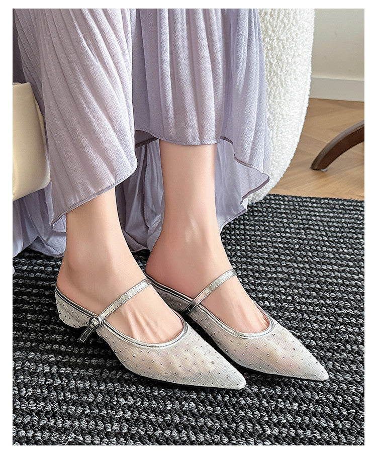 Karin Luna In Stock Spot Goods  Breathable Mesh Fabric Embellished Hand Drill Pointed Toe Slippers