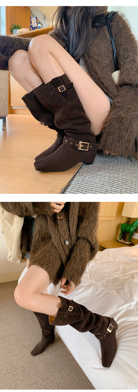Karin Luna Data Model Belt Buckle Matte Square Toe Hidden Wedge Slouch Western Boots