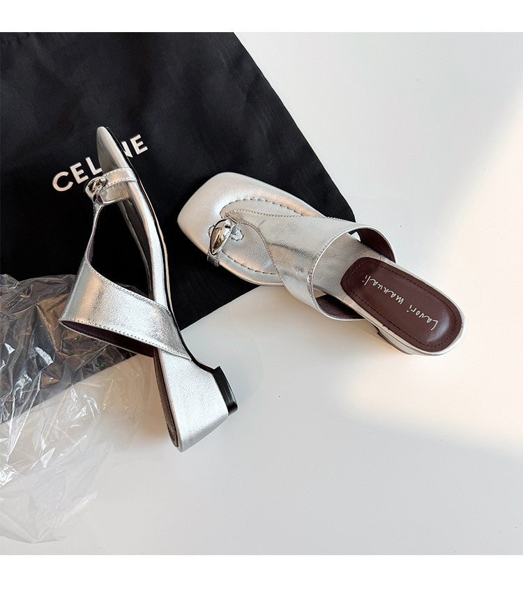 Karin Luna In Stock Spot Goods Clip-toe Square Toe Metal Buckle Minimalist Slippers