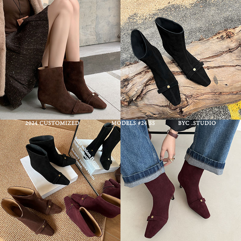 Karin Luna Elegant Style Small Square Toe Belt Buckle Thin Heel Short Boots