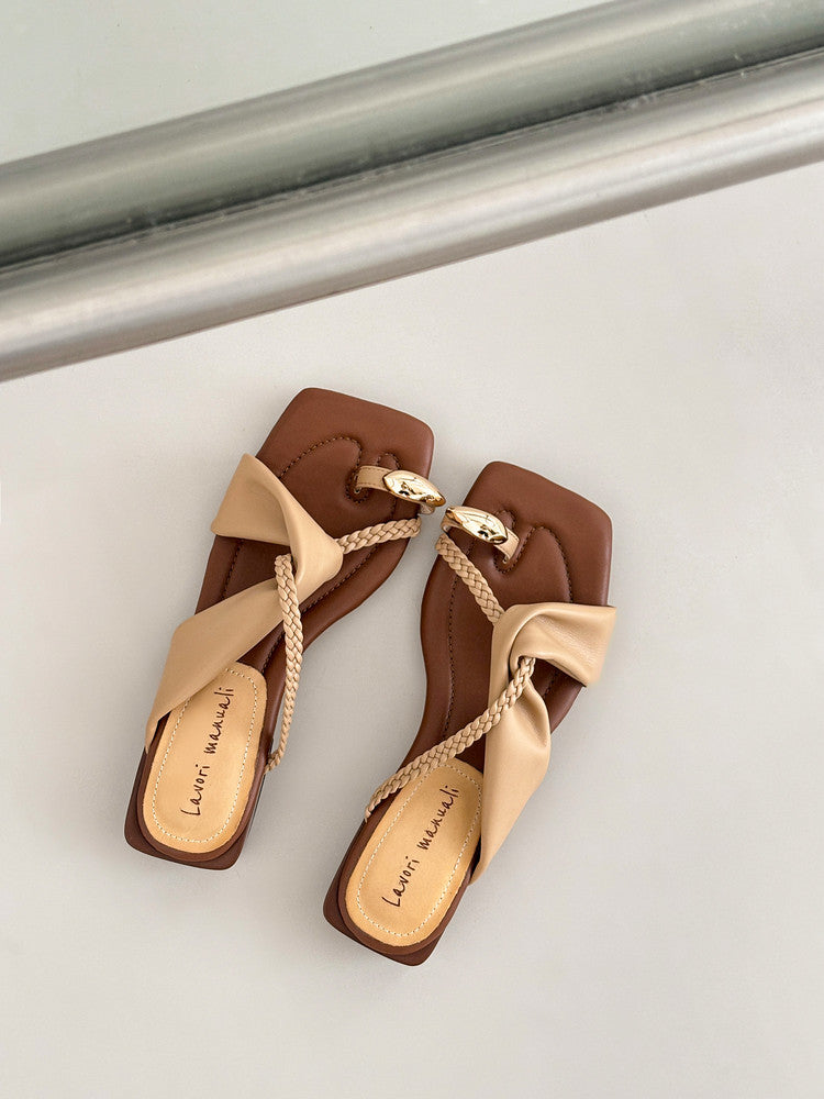 Karin Luna  Square Toe Braided Cross Thick Heel Flat Slippers