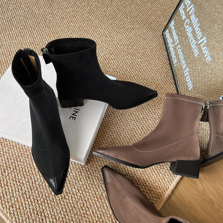 Karin Luna In Stock In Stock Elastic Slim Pointed Toe Chunky Heel Basic Ankle Boots