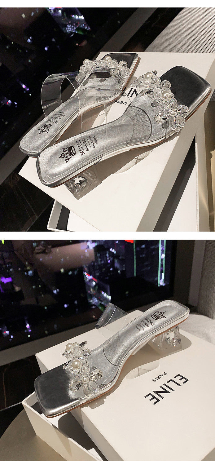 Karin Luna In Stock Spot Goods  Always in stock Square Toe Sweet Rhinestone Crystal Heel Slippers