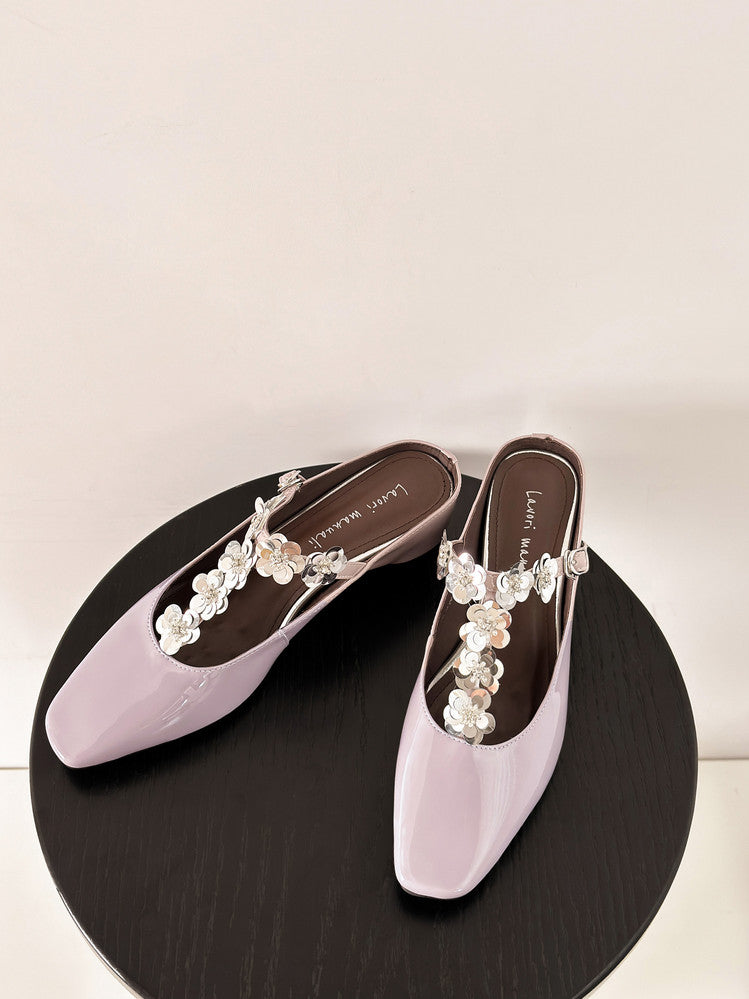 Karin Luna In Stock Spot Goods  T Handmade Sequin Flower Square Toe Height-Increasing Closed-Toe Slippers