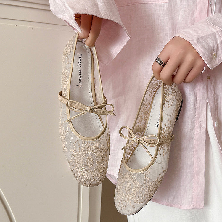 Karin Luna In Stock Spot Goods  Summer Breathable Retro Embroidered Bow Granny Shoes