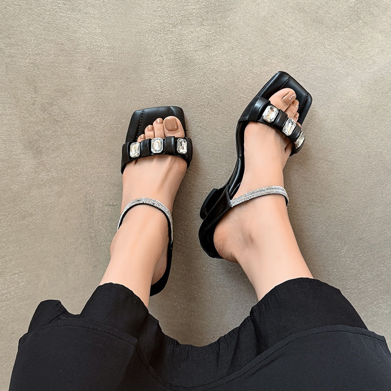 Karin Luna Bestseller Popular Rhinestone Ribbon Square Toe Slippers