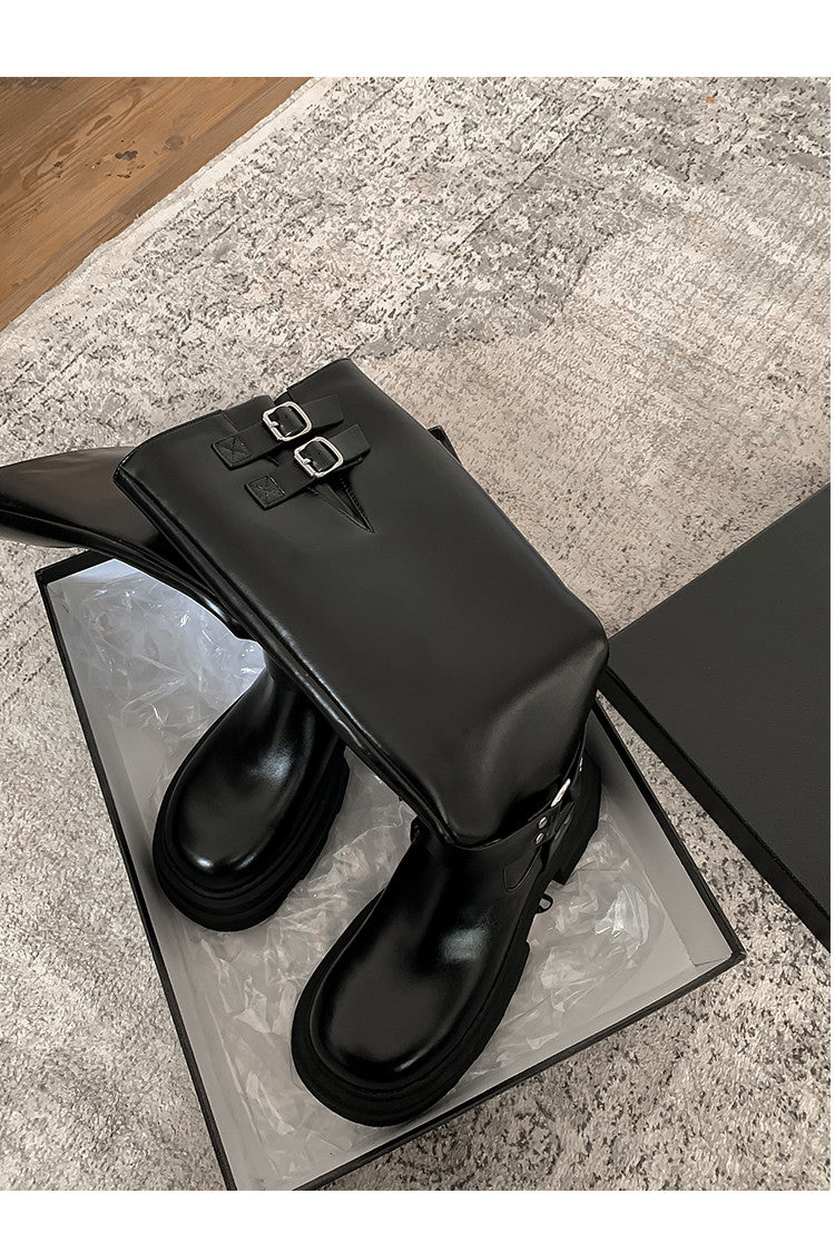 Karin Luna In Stock In Stock  Classic Casual Style Belt Buckle Thick Sole Round Toe Knight Boots Thick Sole