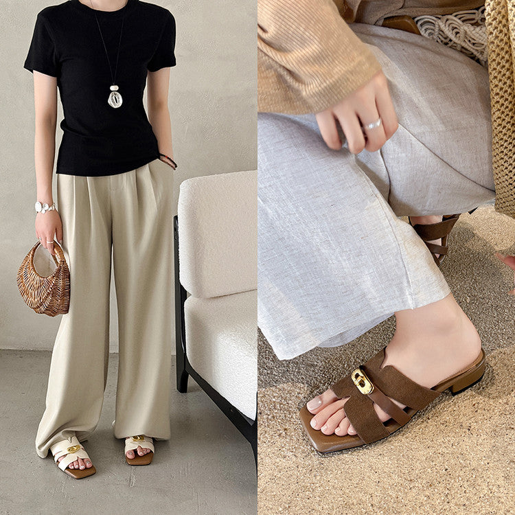 Karin Luna Comfortable Gold Buckle Square Toe Chunky Heel Casual Style Slippers