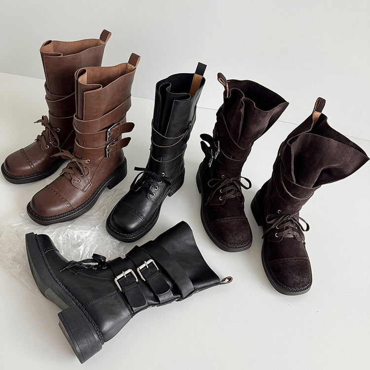 Karin Luna Bestseller Hot-Selling Large Tube Leather Belt Buckle Round Toe Thick-Soled Short Boots