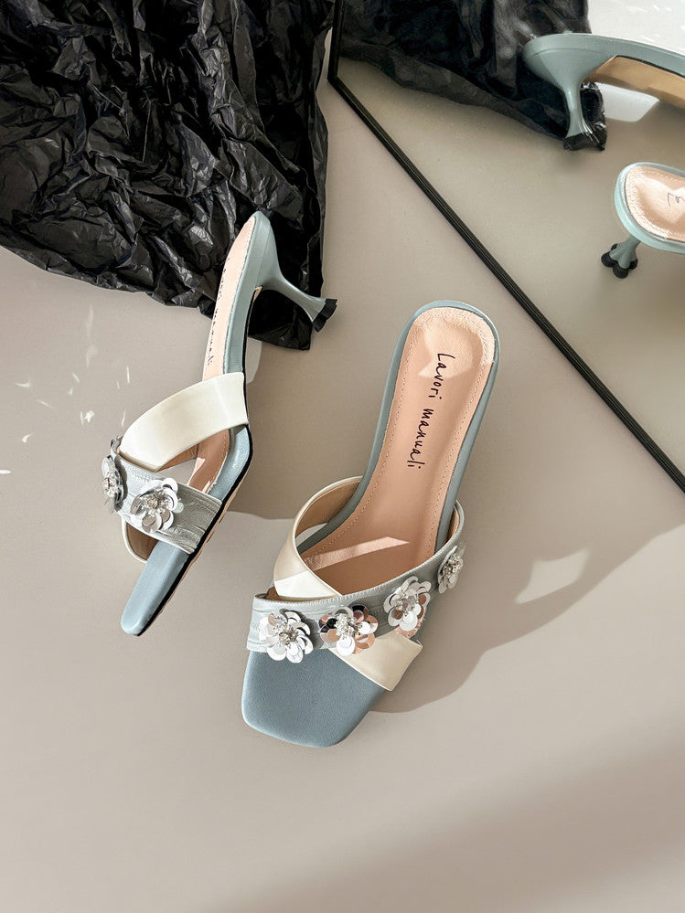 Karin Luna In Stock Spot Goods  Sequin Floral Cross Strap Square Toe Stiletto Slippers