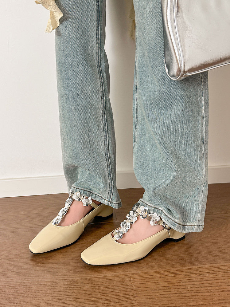 Karin Luna In Stock Spot Goods  T Handmade Sequin Flower Square Toe Height-Increasing Closed-Toe Slippers