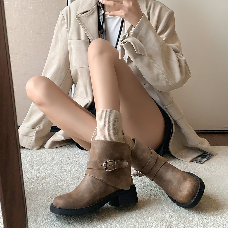 Karin Luna In Stock Spot Goods Versatile Basic Round Toe Belt Buckle Thick Sole Tube Boots