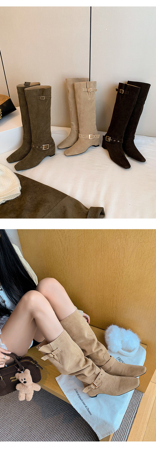 Karin Luna Data Model Belt Buckle Matte Square Toe Hidden Wedge Slouch Western Boots