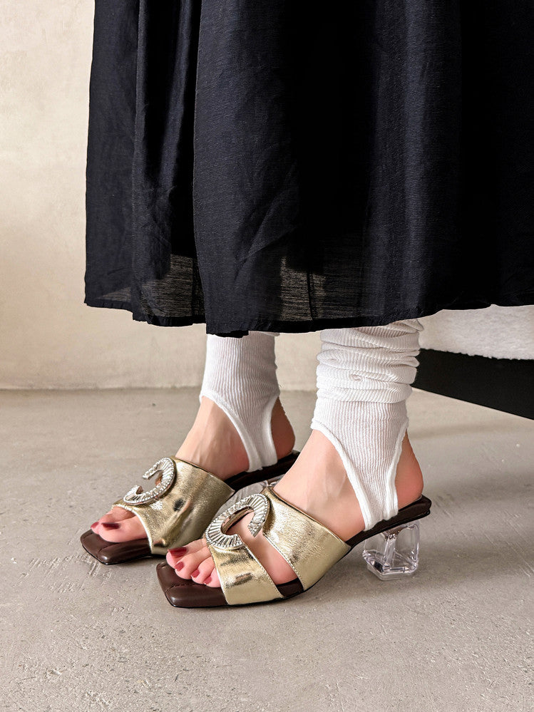 Karin Luna In Stock  Spot Goods  Large Rhinestone Square-Toed Crystal Heel Slippers