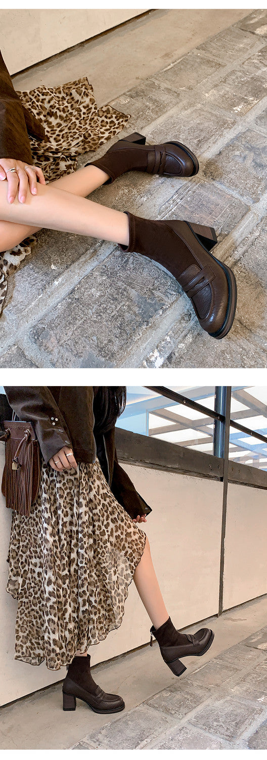 Karin Luna Hot-Selling Element Round Toe Elephant Pattern Elastic Thick Heel Short Boots
