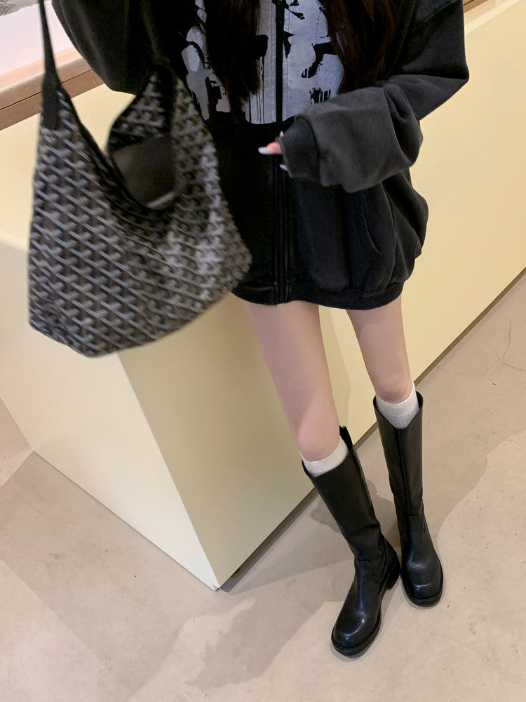 Karin Luna Basic Versatile Style Round Toe Chunky Heel Long Boots