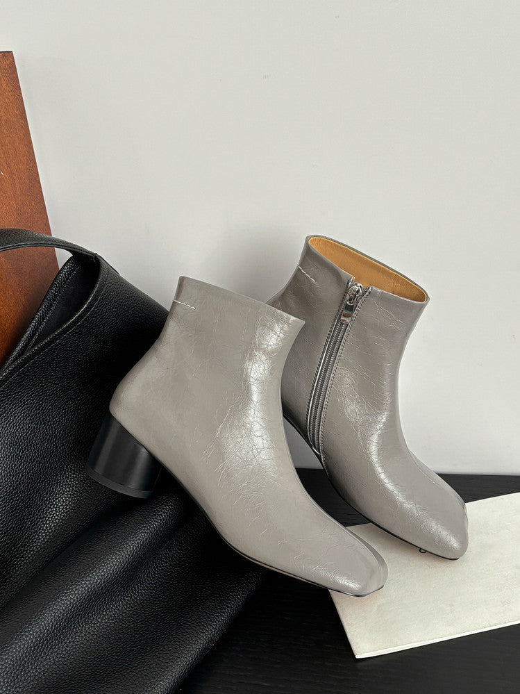 Karin Luna French Style Square Toe Chunky Heel Ankle Boots