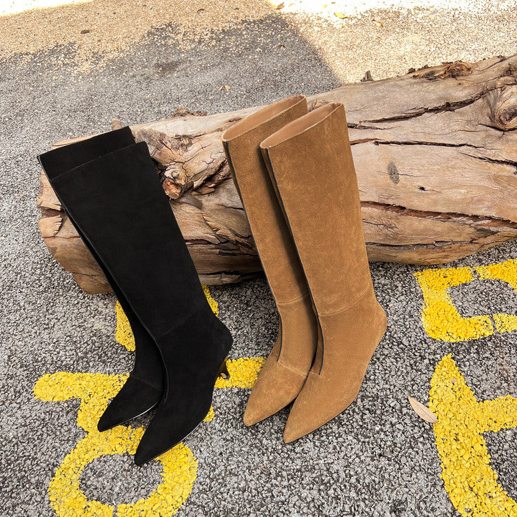Karin Luna In Stock Spot Goods Retro Cowhide Pointed Toe Stiletto Elegant Long Boots