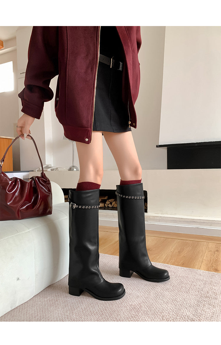 Karin Luna In Stock Spot Goods Belt Buckle Color-Washed Casual Thick-Soled Bootcut Pants Boots