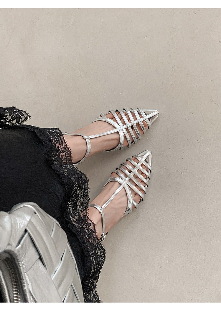 Karin Luna French Hollow Toe Metal Heel Elegant Sandals