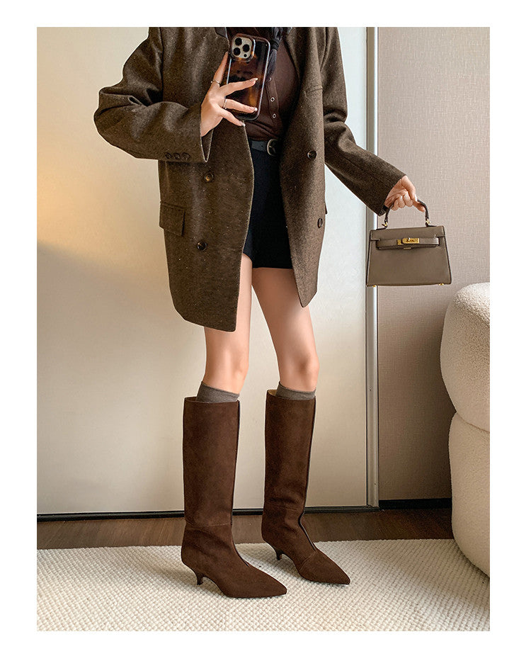 Karin Luna In Stock Spot Goods Retro Cowhide Pointed Toe Stiletto Elegant Long Boots