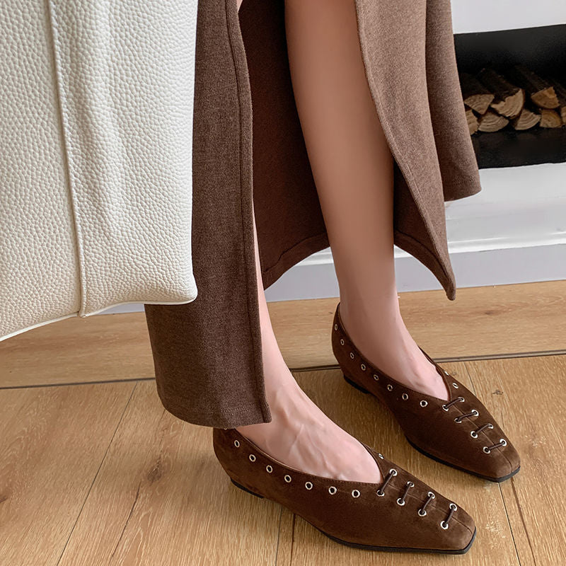 Karin Luna In Stock Spot Goods    Old Money Style Square Toe Suede Flats