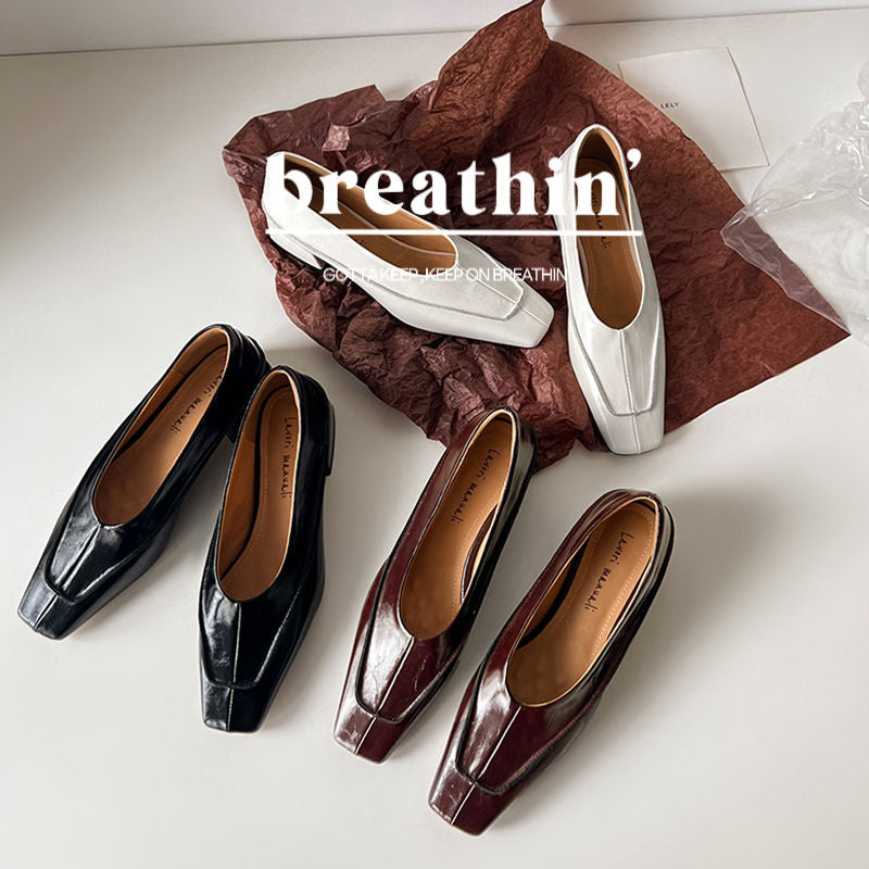 Karin Luna In Stock Spot Goods  Retro Full Leather Square Toe Shallow Mouth Single Shoes