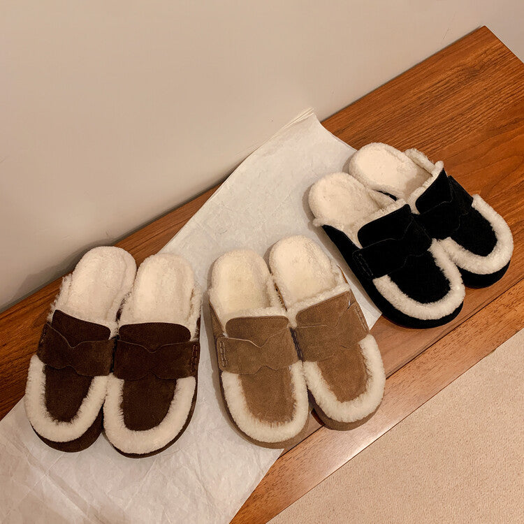 Karin Luna In Stock Look~This is such thick lamb wool Winter Atmosphere！Cowhide Leather Lamb Wool Round Toe Flat Sole Half Support！