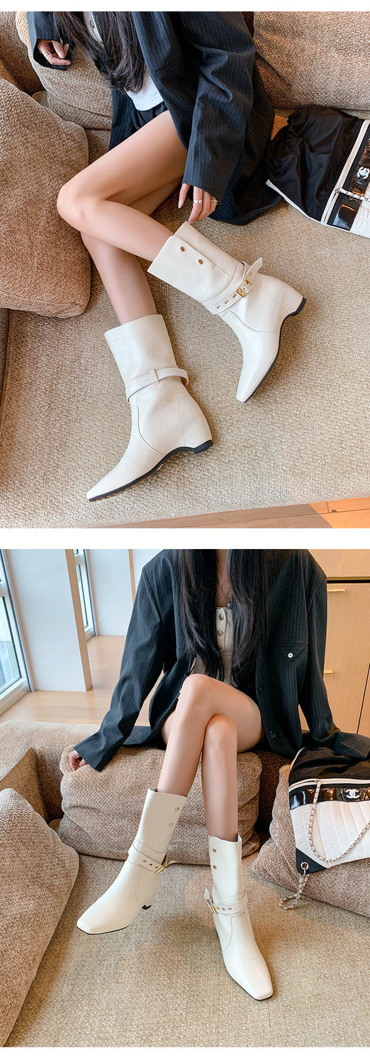 Karin Luna Foldable Belt Buckle Square Toe Hidden Wedge Short Boots