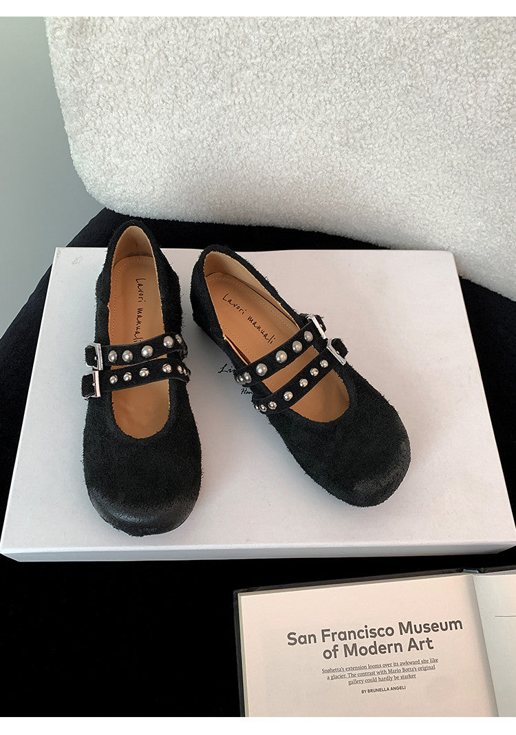 Karin Luna Hot Item Hot Item Punk Style One-Strap Round-Toe Suede Leather Height-Increasing Flats