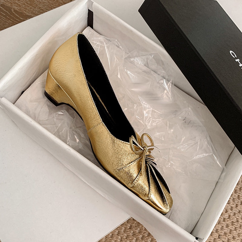 Karin Luna French Style Wrinkled Square Toe Height-Increasing Flats