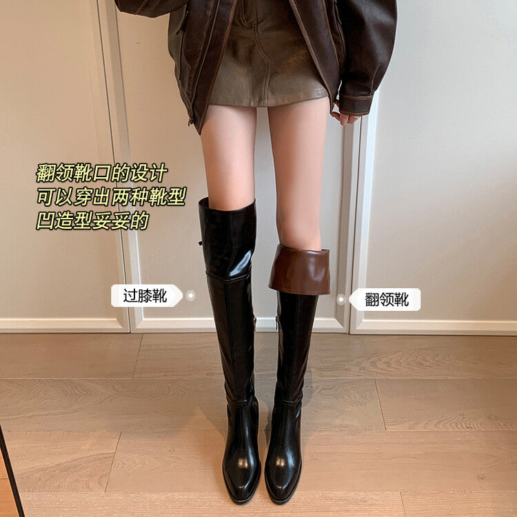 Karin Luna exploded  Three versions exploded Single Fleece Lining Fur Collar Version  Thick Fur Collar Foldable Hot-Selling Full Cowhide Pointed Toe Chunky Heel Classic Style