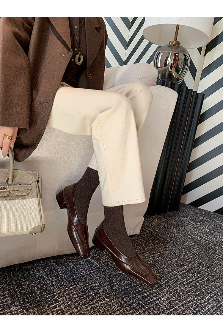 Karin Luna In Stock Spot Goods  Retro Full Leather Square Toe Shallow Mouth Single Shoes