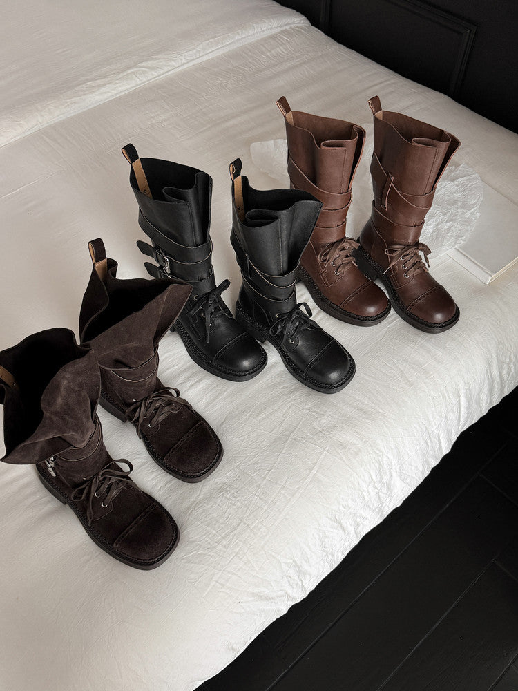 Karin Luna Bestseller Hot-Selling Large Tube Leather Belt Buckle Round Toe Thick-Soled Short Boots
