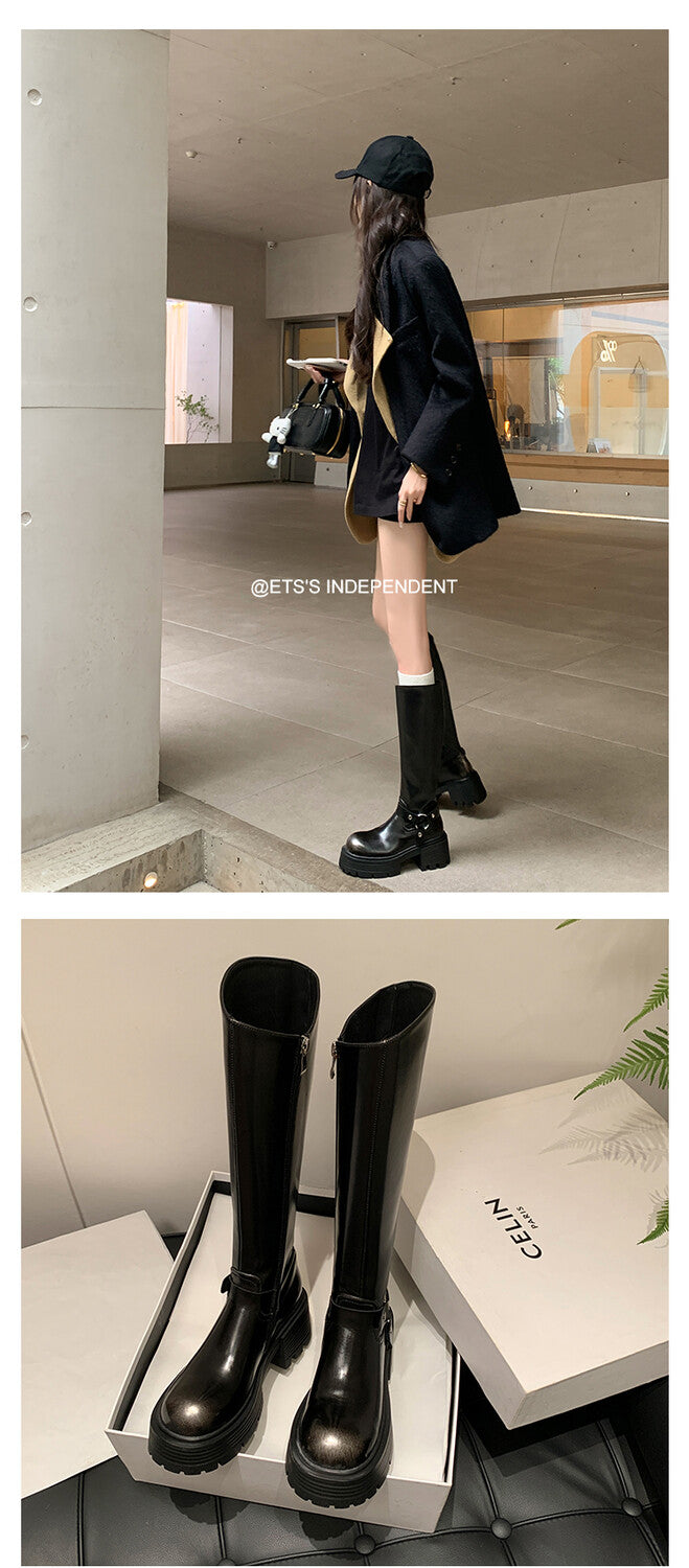 Karin Luna In Stock In Stock Slimming Diagonal Cut Tube Top  Best-selling in stock Retro Metal Buckle Thick-Soled Long Boots
