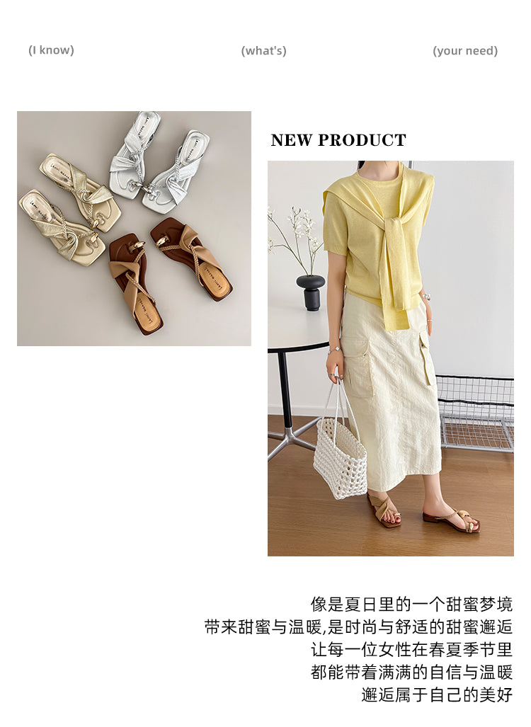 Karin Luna  Square Toe Braided Cross Thick Heel Flat Slippers