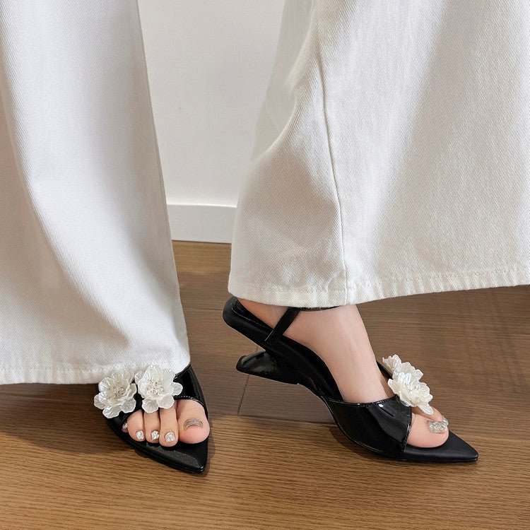 Karin Luna In Stock Spot Goods  Classic Camellia Pointed Toe Elegant Irregular Heel Sandals