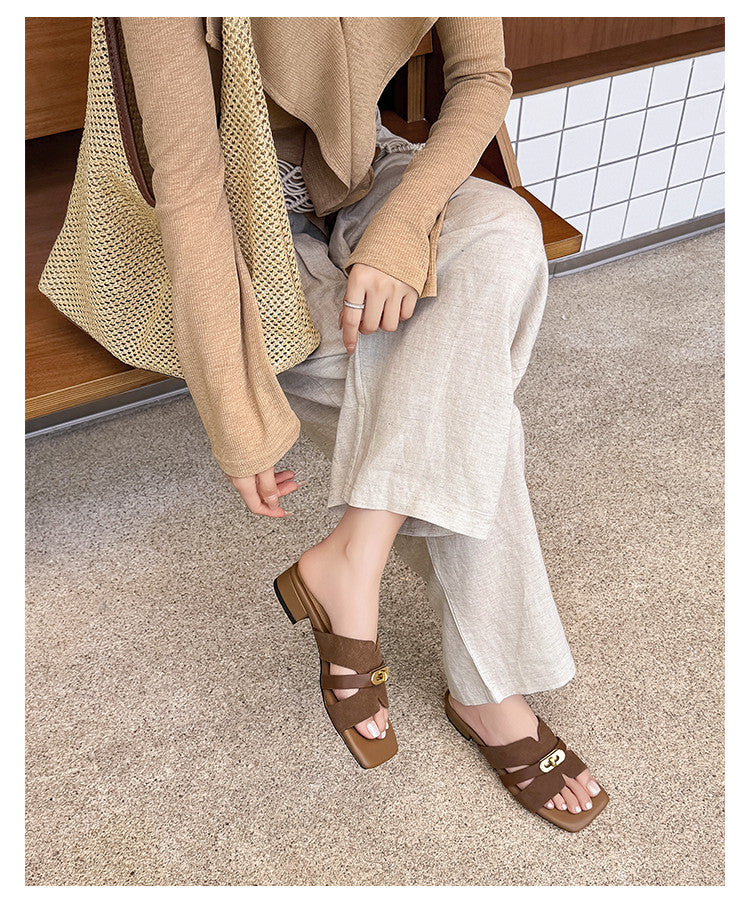 Karin Luna Comfortable Gold Buckle Square Toe Chunky Heel Casual Style Slippers